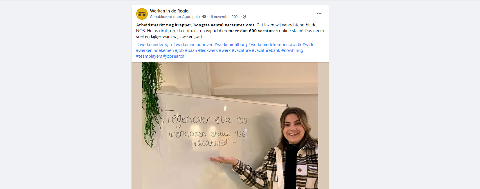 Screenshot Facebook post Werken in de Regio op 16 november 2021
